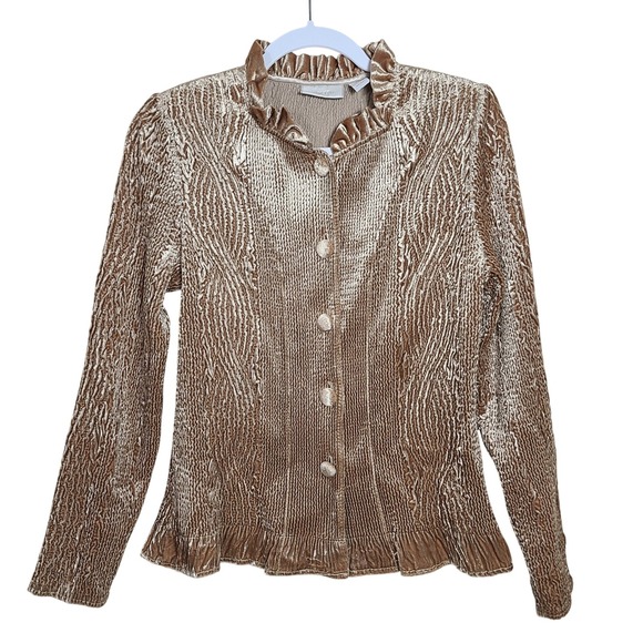 Chico's Sweaters - Chicos Gold Keily Crinkle Velvet Ruffled Jacket S Romantic Victorian Regencycore
